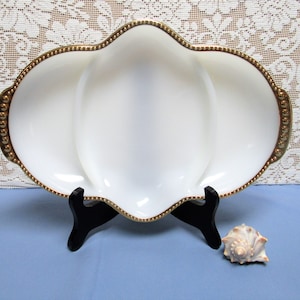 Vintage Anchor Hocking FIRE KING MILK Glass 3 Section Divided Relish Dish Gold Trim Mid Century Church Suppers Sunday Dinners
