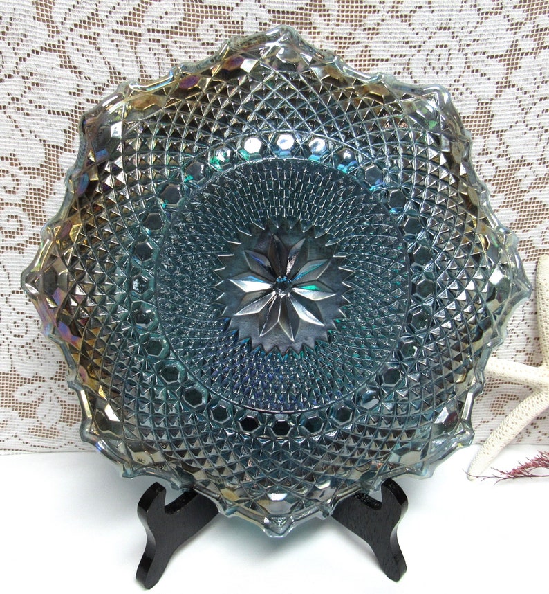 Vintage Ruffled Dish Raspberry Vintage CARNIVAL GLASS Bowl Dish Ruffled Diamond Point Design ...