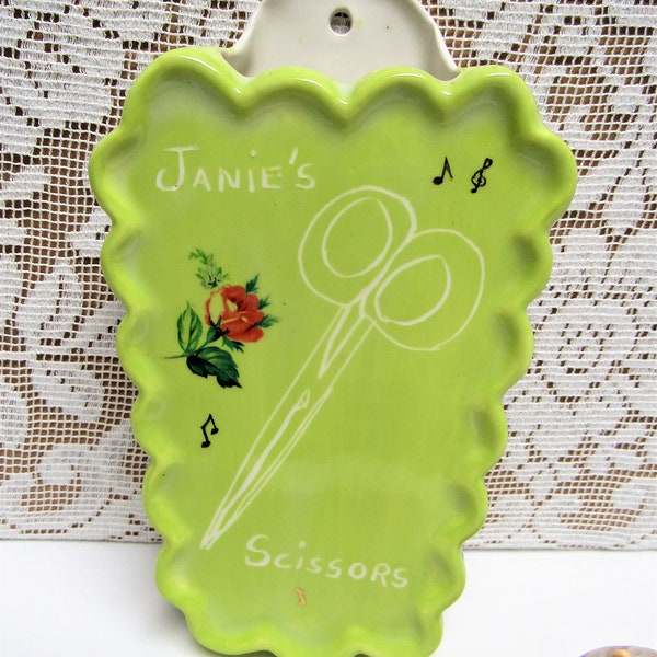 Vintage WALL POCKET Scissors Holder Hand Decorated Unique "Janie's Scissors" Janie Ceramic 1970s Retro Craft Sewing Room Decor