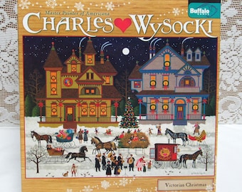 Vintage CHARLES WYSOCKI Jigsaw Puzzle Victorian Christmas Buffalo Games 1000 Pcs HTF Snowy Holiday Scene Horses Carriages Band Tree