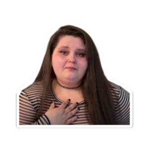 May include: A sticker featuring a person with long brown hair, wearing a black choker and a striped shirt. The person is holding their hand over their chest, with a sad expression.