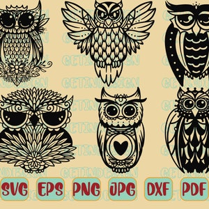 May include: Six black and white owl illustrations with intricate details. The owls are in various poses, including perched, flying, and with their wings spread. The illustrations are perfect for crafting projects, scrapbooking, or digital design.