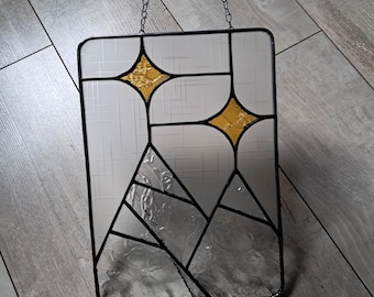 Stained Glass Mountain Panel – Snowy Peaks Landscape, Window Suncatcher, Nature Glass Art, Crystal Rainbow Maker, Rectangular Wall Decor