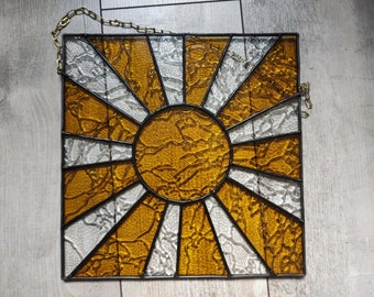 Sun. Square Panel. Unique Sun-Shaped Art Glass Suncatcher with Sun Pattern. Bright warm accent. Crystal 15th Anniversary keepsake gift.