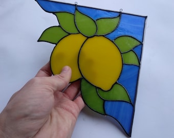 Lemon branch. Fruit. Citrus tree. Glass still life in the corner. Suncatcher for the doorway, stained glass. Mother's day gift for mom mommy