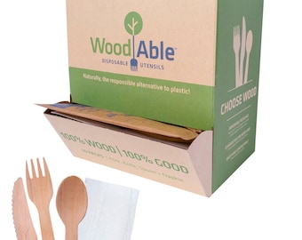 Disposable Wooden Cutlery Flowpack Dispenser by Woodable | 50 Set Individually Wrapped (Fork, Knife, Spoon, Napkin) | FSC Certified