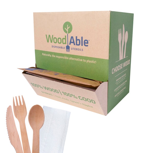 Disposable Wooden Cutlery Flowpack Dispenser by Woodable | 50 Set Individually Wrapped (Fork, Knife, Spoon, Napkin) | FSC Certified