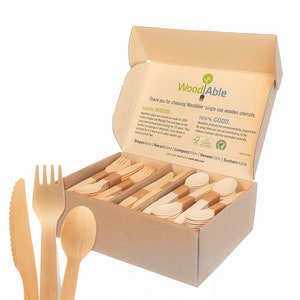 Disposable Wooden Forks, Spoons, Knives Set by Woodable Alternative to Plastic Cutlery FSC Certified Eco Biodegradable Replacements image 1