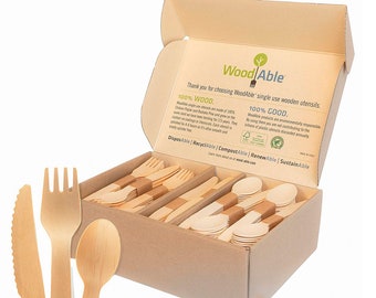 Juego de tenedores, cucharas y cuchillos de madera desechables de Woodable / Alternativa a los cubiertos de plástico - Certificado FSC - Reemplazos ecológicos biodegradables