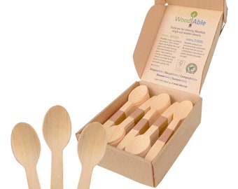 Disposable Wooden Spoons by Woodable | Alternative to Plastic Cutlery - FSC Certified - Eco Biodegradable Replacements - 100 Wood Utensils