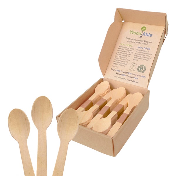 Disposable Wooden Spoons by Woodable | Alternative to Plastic Cutlery - FSC Certified - Eco Biodegradable Replacements - 100 Wood Utensils