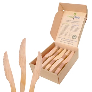 Disposable Wooden Knives by Woodable | Alternative to Plastic Cutlery - FSC Certified - Eco Biodegradable Replacements - 100 Wood Utensils
