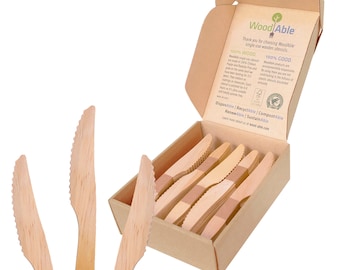 Disposable Wooden Knives by Woodable | Alternative to Plastic Cutlery - FSC Certified - Eco Biodegradable Replacements - 100 Wood Utensils