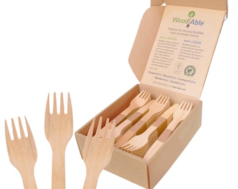 Disposable Wooden Forks by Woodable | Alternative to Plastic Cutlery - FSC Certified - Eco Biodegradable Replacements - 100 Wood Utensils