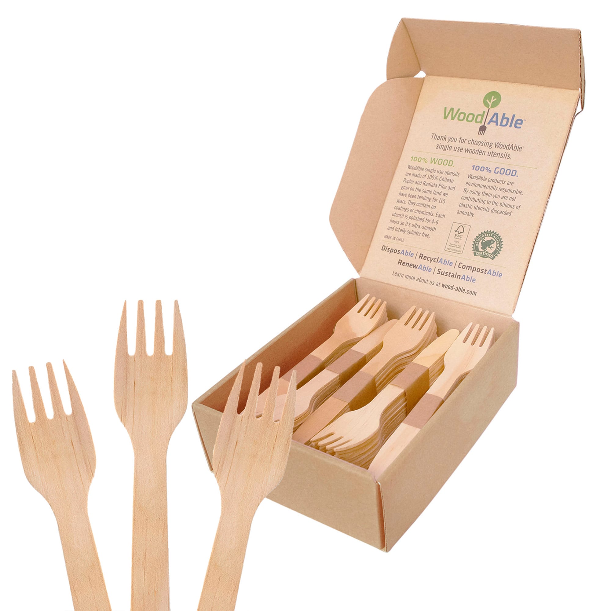 Disposable Wooden Forks by Woodable | Alternative to Plastic Cutlery - FSC Certified - Eco Biodegradable Replacements - 100 Wood Utensils