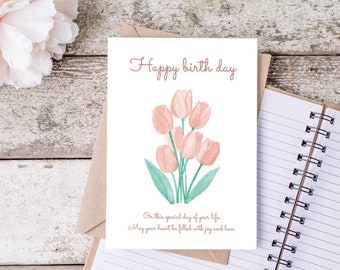 Birthday card watercolor flower, Blush pink tulip card, Pretty floral card, Digital download, Simple Birthday Card, Birthday car for her