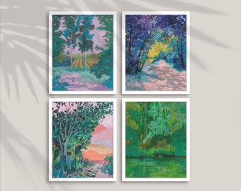 Forest painting print set of 4, Living room wall art, Digital download, Printable gallery wall, Artistic wall decor, Colorful landscape