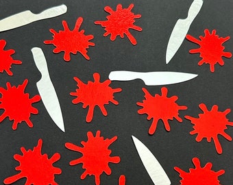 Horror Movie Confetti | Red Blood Splatter, Silver Knives | Halloween Party Decor