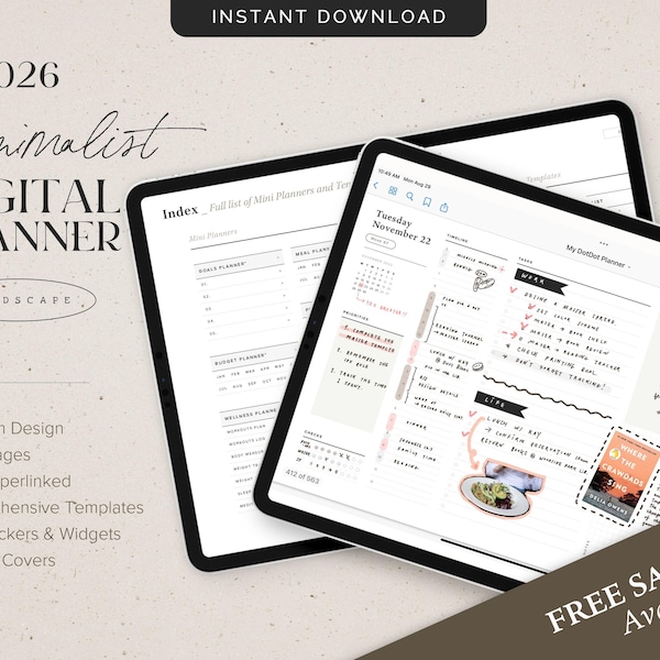 2026 Digital Planner – Hyperlinked Landscape Format, Customizable with Free Widgets & Stickers, GoodNotes + Notability Compatible