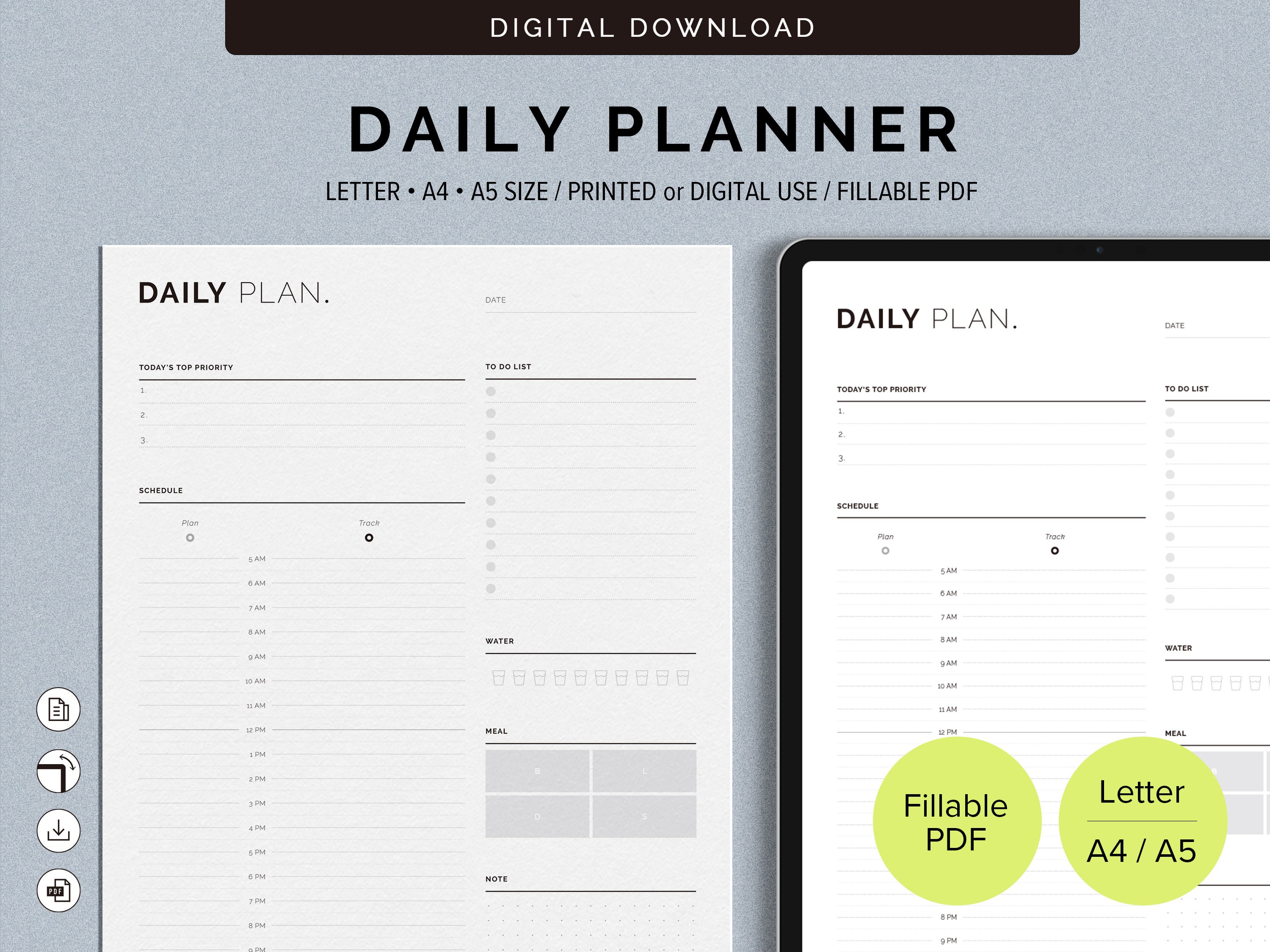 Daily Planner Printable Minimalist, Half Hour Time Tracking, Hourly P…