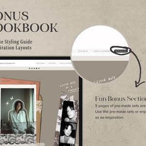 May include: A digital tablet displays a creative styling guide and inspiration layouts. The screen shows a photo with lace and ephemera elements. The text reads "BONUS LOOKBOOK" and "Fun Bonus Section!" with a focus on pre-made sets for inspiration.