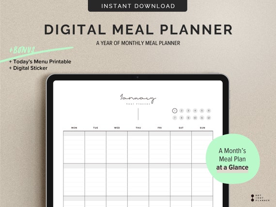 Digital Meal Planner Minimalist Monthly Meal Planner for a | Etsy