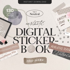 Op de afbeelding: Een digitaal stickerboek met 130 unieke ontwerpen. De stickers zijn handgetekend en hebben een neutrale esthetiek. Het boek bevat voorgeknipte PNG's en GoodNotes-bestanden. De stickers hebben realistische aquareltexturen en aardse tinten.