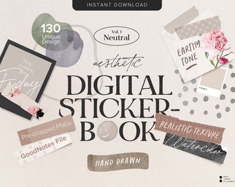Neutral Digital Sticker Book – Realistic Watercolor Style, 147 Pre-cropped PNGs, GoodNotes + Notability Compatible
