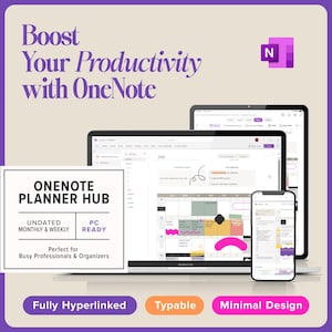 Può includere: Immagine promozionale per un hub di pianificazione OneNote. L'immagine presenta un laptop, un tablet e uno smartphone che mostrano l'interfaccia del pianificatore. Il testo include "Boost Your Productivity with OneNote" e "ONENOTE PLANNER HUB". Il design è descritto come completamente ipertestuale, digitabile e minimalista.
