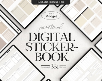 Può includere: Un libro di adesivi digitali con 351 adesivi funzionali. La copertina presenta uno sfondo bianco con testo nero che recita "functional DIGITAL STICKER-BOOK" e "Functional 351 Stickers". L'immagine include anche un ovale bianco con il testo "Vol. 3 Widget" all'interno.