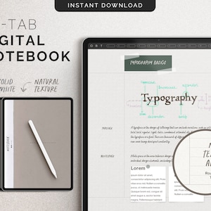 Digital Notebook – 28 Templates, 12 Hyperlinked Sections, Natural Paper Textures (Smooth/Rough/White), Free Stickers, GoodNotes + Notability
