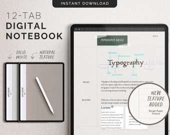 May include: A digital notebook with 12 tabs, shown on a tablet screen. The notebook has a solid white background and a natural texture background. The screen shows a page with the title "Typography Basics" and a diagram about typography.