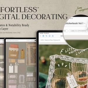 May include: An advertisement for digital decorating with the text "EFFORTLESS DIGITAL DECORATING". The image shows three tablets displaying digital stickers, frames, and ephemera. One tablet shows a close-up of a digital sticker book with the text "LABELS & EPHEMERA".