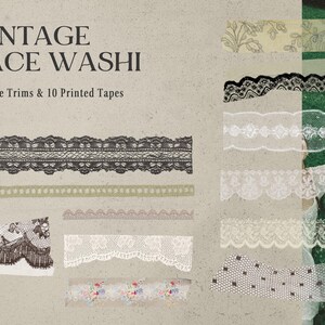 May include: Vintage lace washi tape set featuring 14 lace trims and 10 printed tapes. The image displays various lace designs in black, white, and floral patterns. The text "Vintage Lace Washi" is at the top.