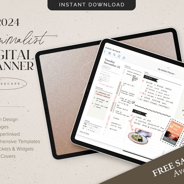 Minimalist Digital Planner, 2024, GoodNotes Planner, iPad Planner, Digital Journal, Planner Template, Daily Planner, Free Widgets, Landscape