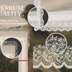 May include: White lace trim with intricate floral patterns is displayed. The image also shows stacks of aged paper with red string and text that reads "PREMIUM QUALITY" and "300 DPI High-Resolution Beautiful on Light & Dark Backgrounds".