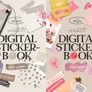 May include: Two digital sticker books with a neutral and bright aesthetic. The neutral book features hand-drawn stickers with a watercolor texture. The bright book features hand-drawn stickers with uplifting colors. Both books include 147 unique designs and are compatible with GoodNotes.