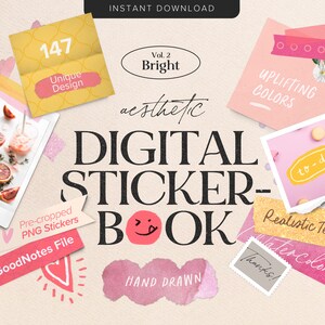 Livro de adesivos digitais brilhantes – Estilo aquarela realista, 184 PNGs pré-cortados, compatível com GoodNotes + Notability