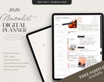 2026 Digital Planner – Hyperlinked Portrait Format, Customizable with Free Widgets & Stickers, GoodNotes + Notability Compatible