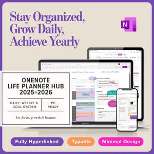 OneNote Life Planner 2025 + Free 2026  | Fully Hyperlinked Daily | Windows PC & iPad Optimized | Editable + Type Ready | Minimalist Layout