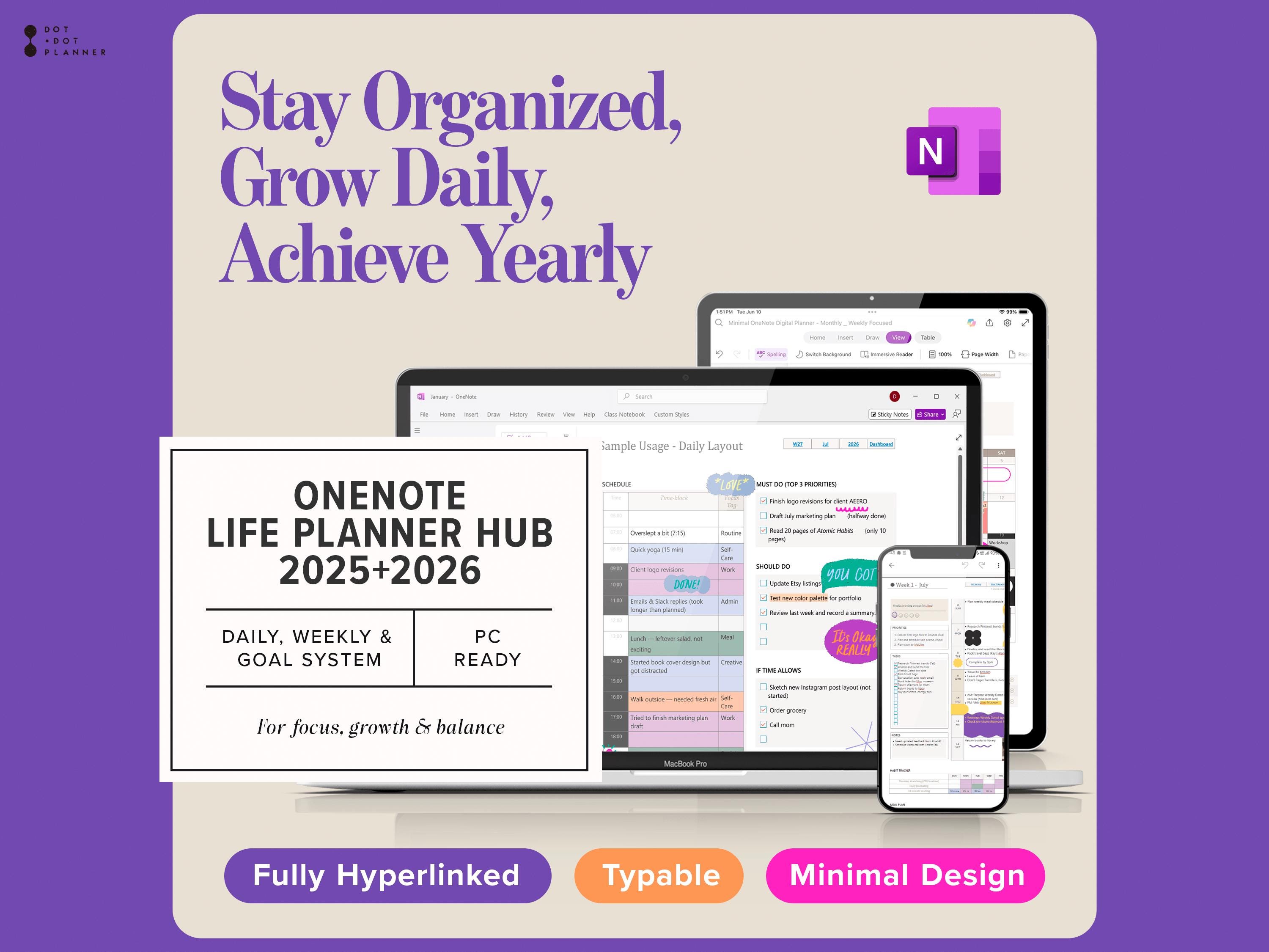 Onenote Life Planner 2025 + Free 2026 | Fully Hyperlinked Daily ...