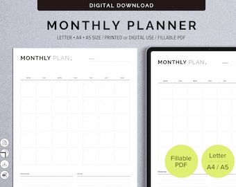 Monthly Planner Printable Minimalist, Digital Planner iPad Monthly Undated, Goodnotes Planner, Fillable PDF, A5/A4/Ltr,