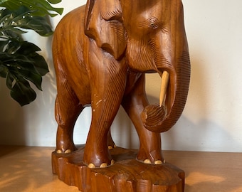 Vintage Large Hand Carved Teak Wooden Elephant Sculpture Attached Base Designer Decor Bangkok Thailand