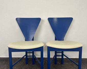 Pair of 2 1980s Mid Century Modern Perforated Triangle Shape Italian Side Chairs / Blue Chair / Blue wood retro Memphis Style Chair
