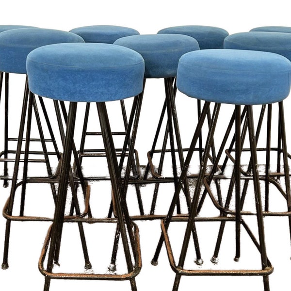 Tabouret de bar vintage Madison en épingle à cheveux / tabouret de bar vintage en métal noir tissu bleu / tabouret des années 1950