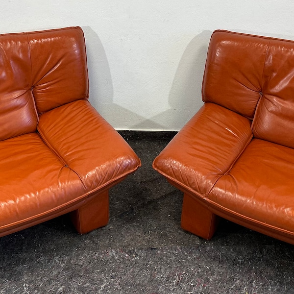 Set of 2 Nicoletti Salotti Italian Post Modern Brown Leather Lounge Chair ,postmodern furniture, 80s , vintage furniture, made in italy