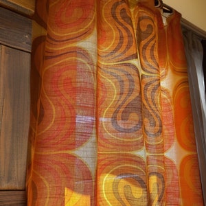 1960's 70's Trippy Hippie Curtains , Groovy, Eggplant Brown , Burnt Orange, Yellow Cyclone Fabric , Retro Window Curtains / Vintage print