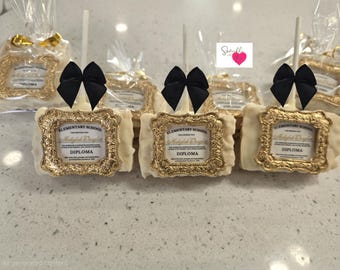 1 doz = Graduation diploma rice krispie treats (12 treats) blue, black or any customize color