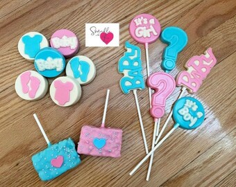 3 doz = Baby Gender Reveal chocolate lollipops, oreos and rice krispie treats(36 treats)