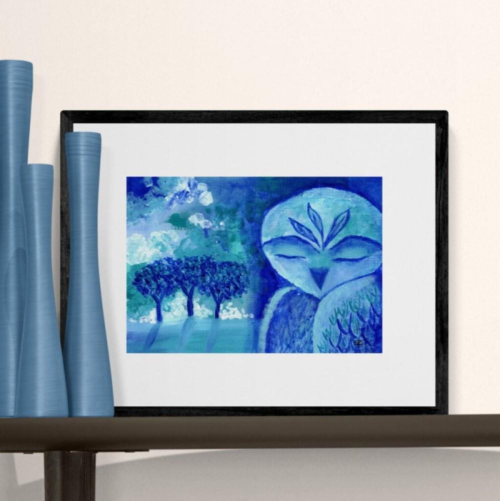 Blue Dawn: Original Acrylic Owl & Forest Painting | 29 x 20 cm | Whimsical Nature Art by Sandra 